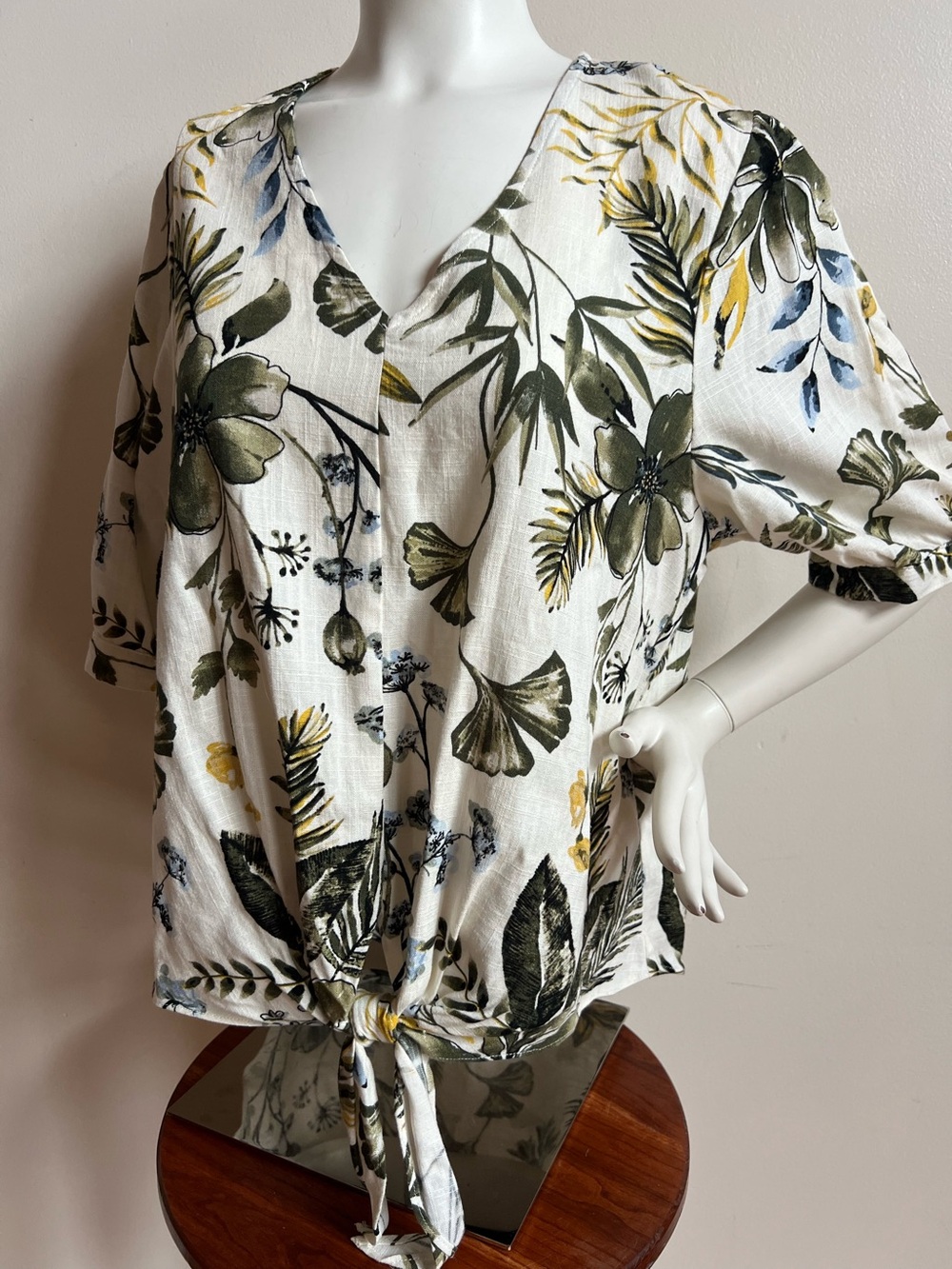 Haver linen Floral Tie-Front V-Neck Blouse with Olive & Yellow Print